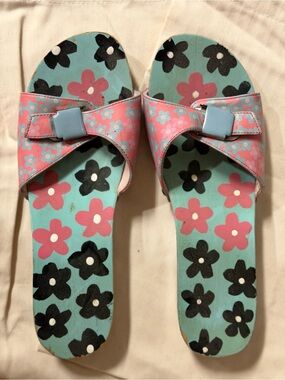 Oilily Pink Floral Slide Sandals with Aqua Footbed